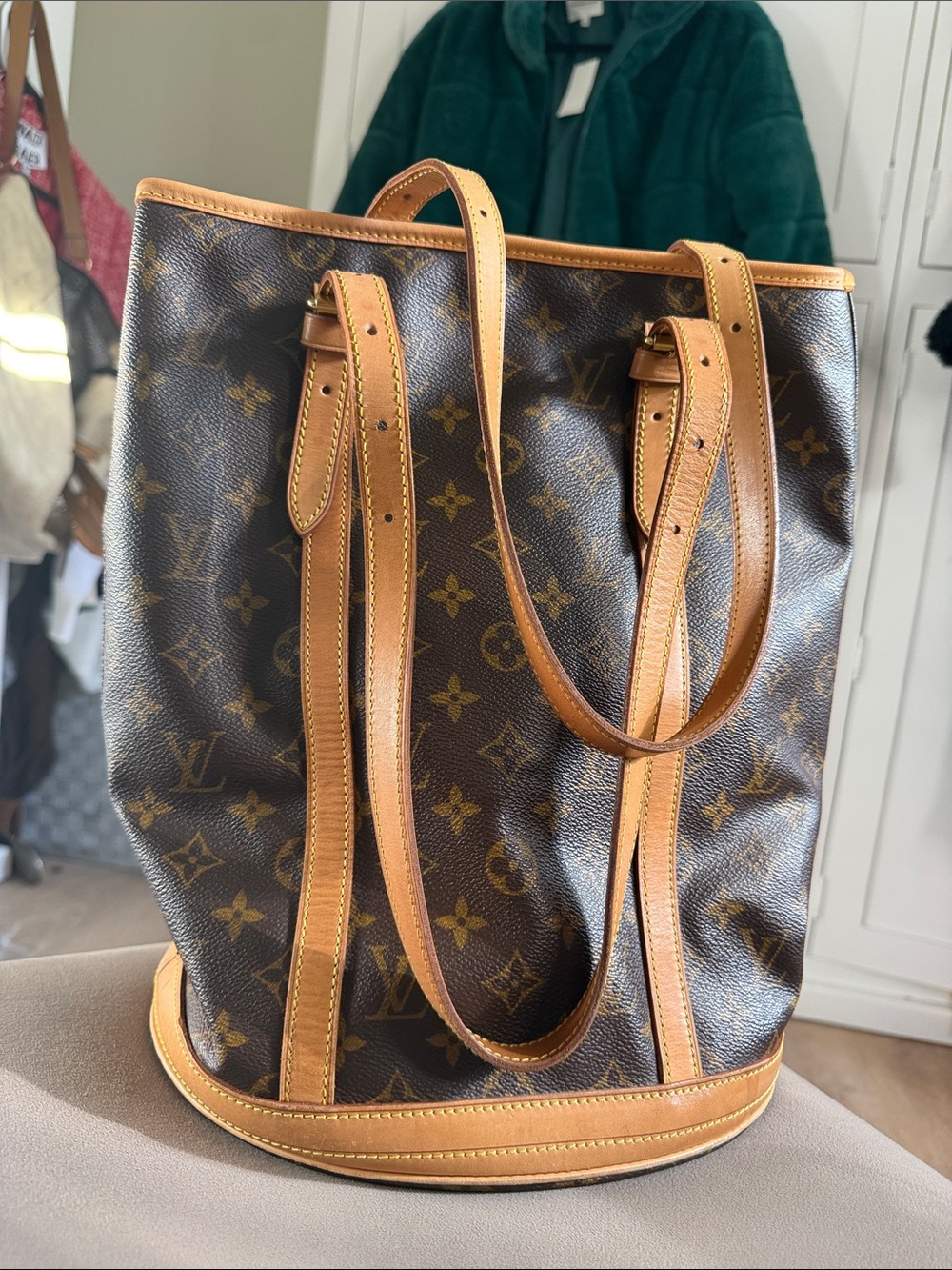 Louis Vuitton Monogram Leather Trim Bucket Tote in Brown & Tan